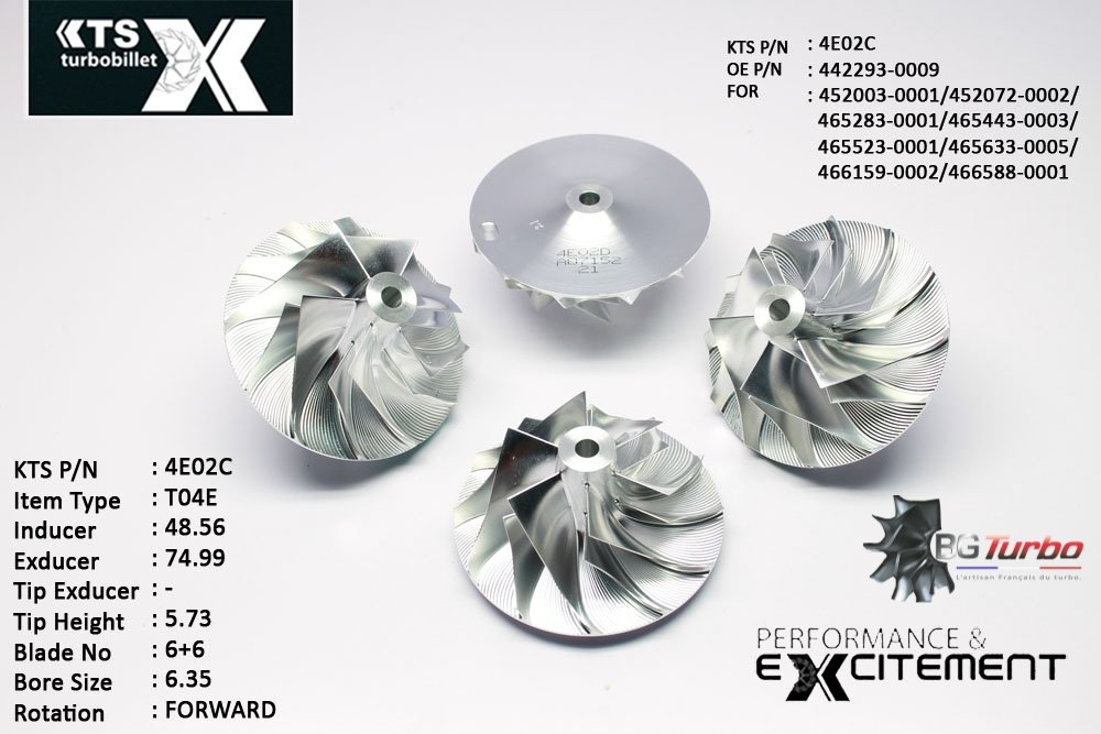 Turbo ROUE FORGÉE MFS PERFORMANCE - 6+6 PALES - INDUCER : 48,56 - EXDUCER : 74,99 - TYPE : T04EANGLE : 75° - ROTATION : Forward - SUPER BACK : 4,96 - BORE SIZE : 6,35
